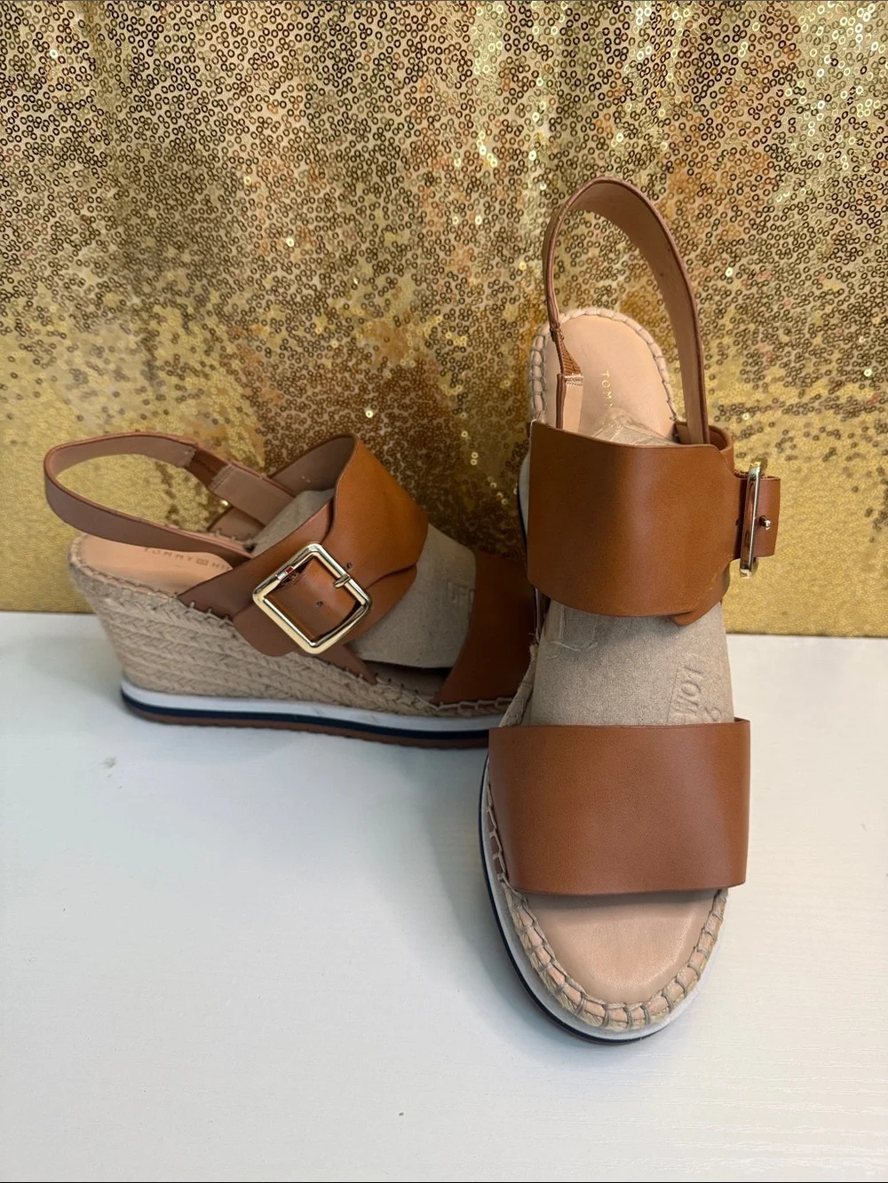 Tommy Hilfiger Cognac Leather Espadrille Wedge Sandals